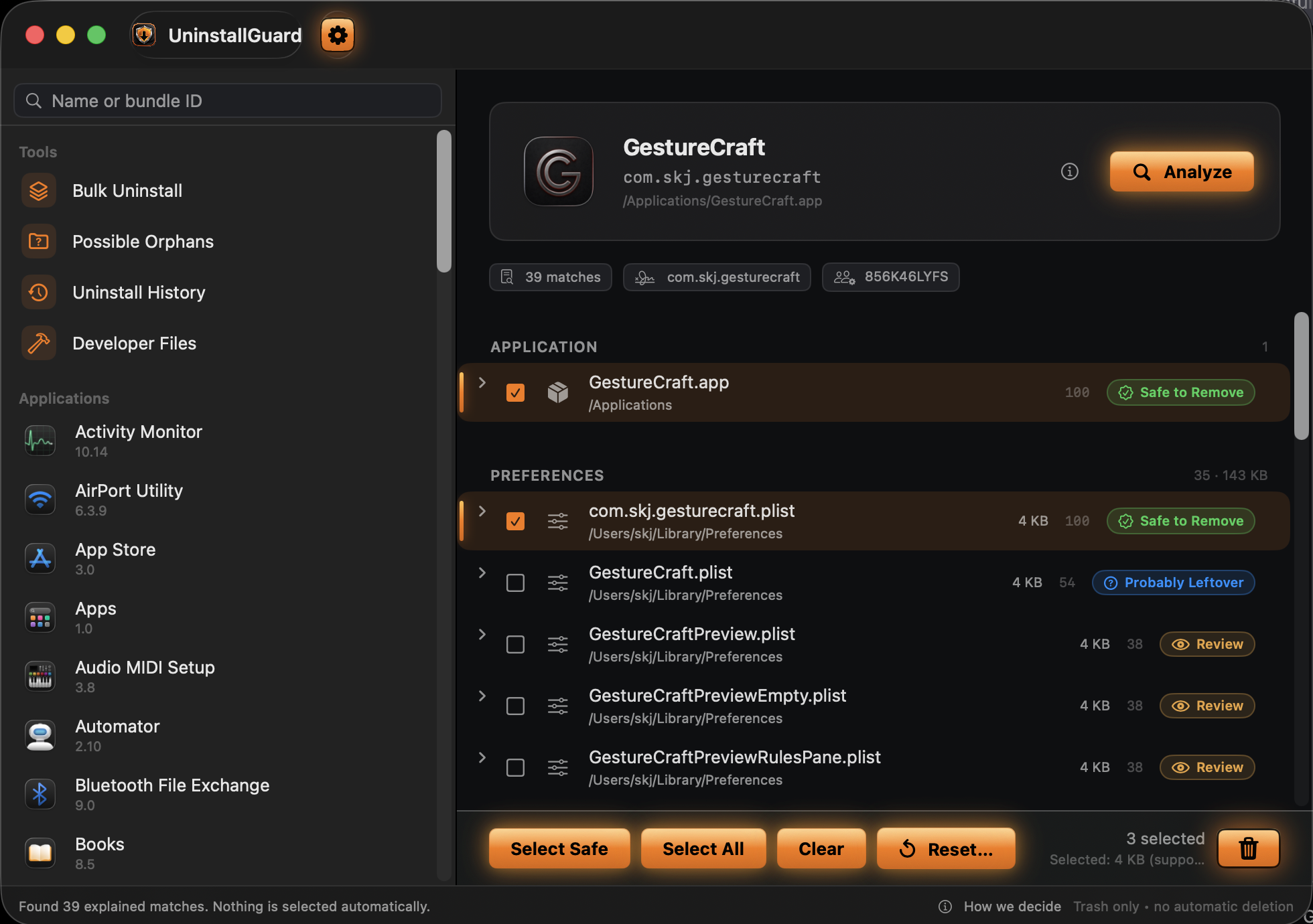 UninstallGuard analyzing an app: each match shows its path, size, and confidence (Safe to Remove, Probably Leftover, or Review), with nothing selected automatically
